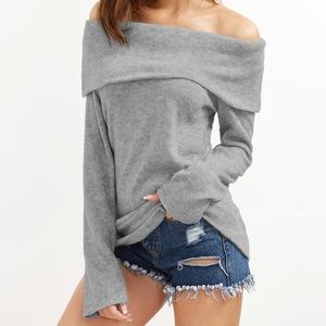 Off-Shoulder Foldover Knit Sweater - Grey